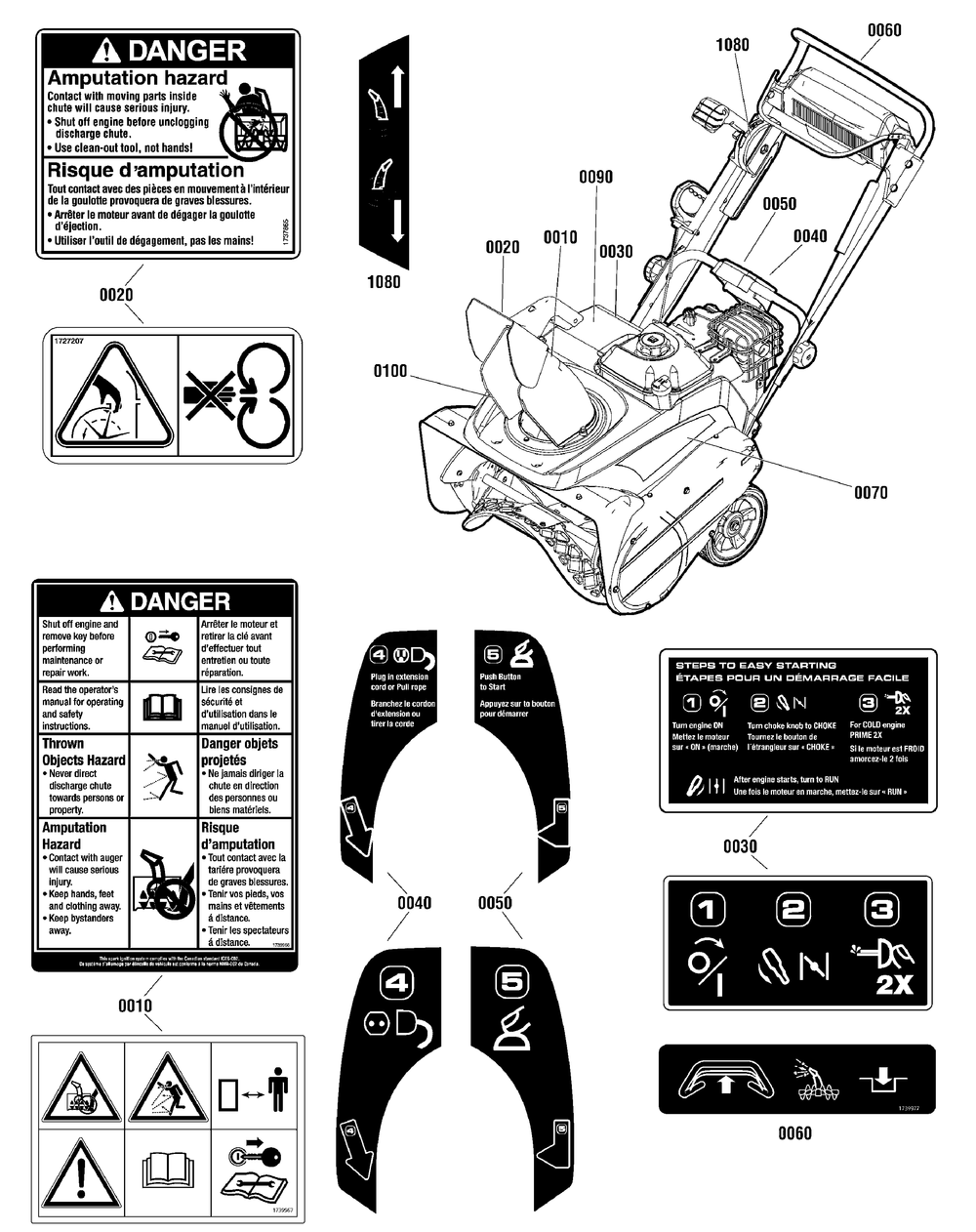 Decals Group Diagram and Parts List for 1696225-00-CS55800E  Briggs and Stratton Snow Blower